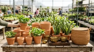 Terracotta pots and pothos plants at a garden center for a budget boho room.