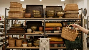 Thrift store shelf full of baskets and brass bowls for people who want to buy boho room decor cheaply.
