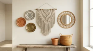 Boho wall grouping with a rattan mirror and woven hanging under thirty dollars.