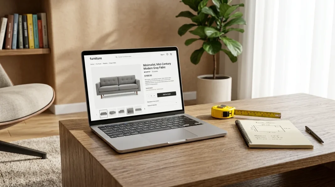 Sofa listing and tape measure used to buy furniture online safely.