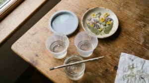 Dried flowers, resin and sealer laid out on a craft table, the setup that stops clear resin yellow flowers.