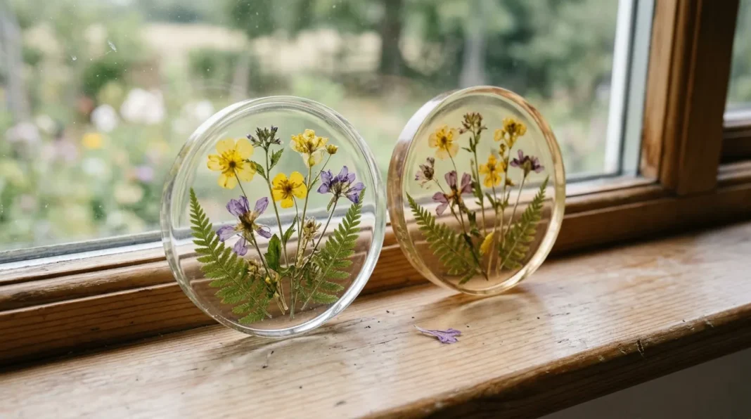 clear-resin-yellow-flowers-featured A clear resin coaster beside an amber one, a side-by-side look at why clear resin yellow flowers over time.