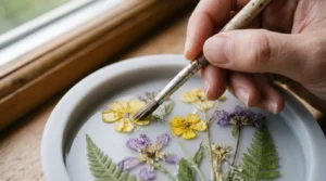 Brushing a seal coat over dried petals, the key step to stop clear resin yellowing flowers.