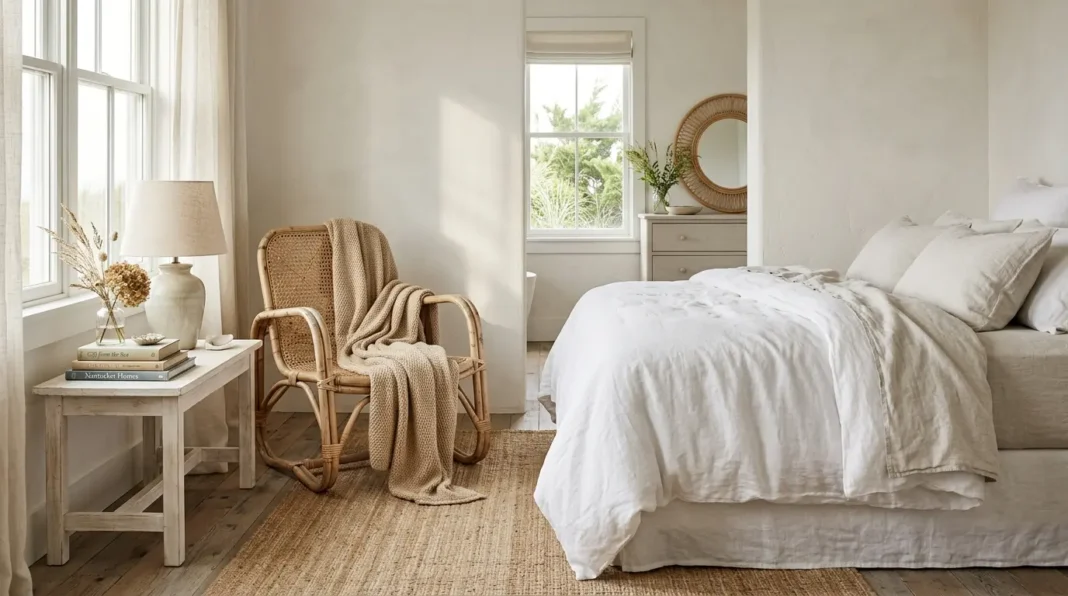 Bedroom corner showing which coastal grandmother decor works with washed linen and rattan.