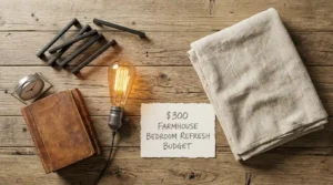 Budget items used to create modern farmhouse bedroom style for under $300.