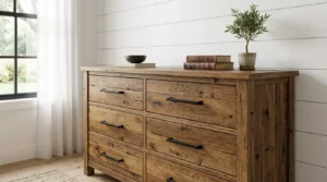 Reclaimed wood dresser used to create modern farmhouse bedroom style against a shiplap wall.