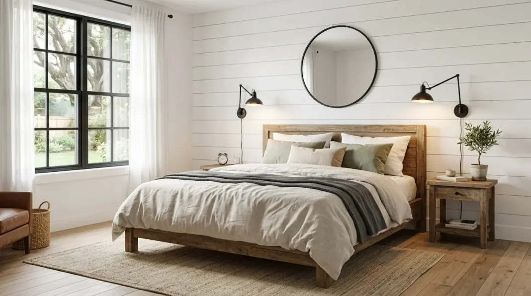 Bedroom showing how to create modern farmhouse bedroom style with reclaimed wood and linen.