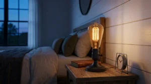 Warm filament bulb helping create modern farmhouse bedroom lighting against white walls.