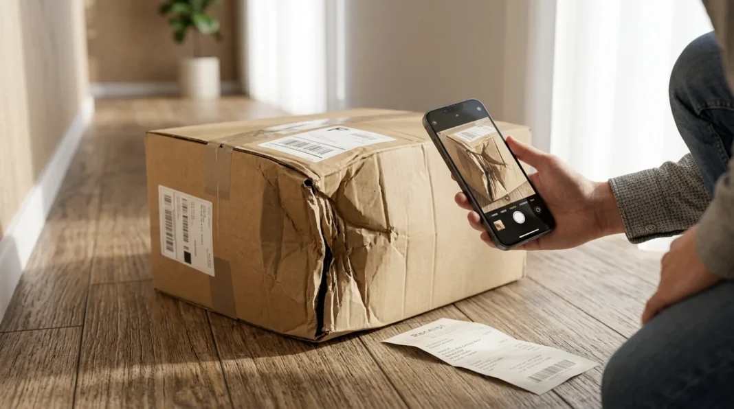 fix-damaged-delivery-item-featured-crushed-box Crushed box photographed to fix damaged delivery item.