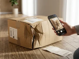 Crushed box photographed to fix damaged delivery item.