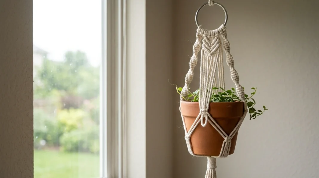 A cotton hanger with spiralling cords in a window, a problem to fix twisted macrame plant hangers.
