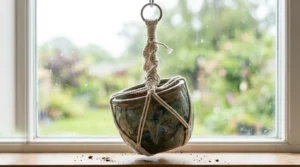 A tilted pot on corkscrewed cords, a mistake to avoid when you fix twisted macrame plant hangers.