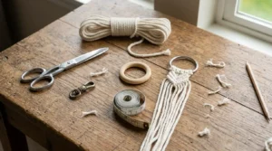 Cord, scissors, a swivel and a ring laid out on a table to fix twisted macrame plant hangers.