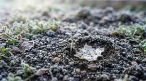 A frosted garden bed with a sprout emerging, a timing issue behind why people fix unsprouted seed paper.