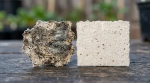 Moldy seed paper beside dry, intact paper, showing the difference to fix unsprouted seed paper.