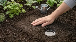 Checking smoothed soil and a drainage test hole, the signs a bed is ready to grow seed paper garden beds.