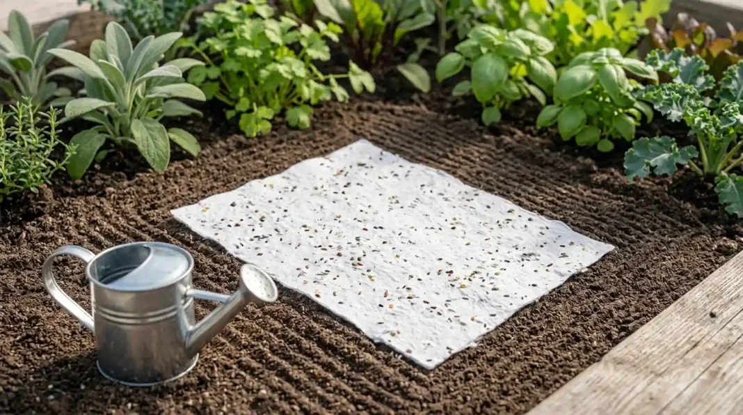 A sheet of seed paper pressed into smooth soil, the setup to grow seed paper garden beds successfully.