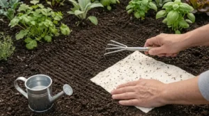 Smoothing garden soil before planting, the first step to growing seed paper garden beds that sprout.