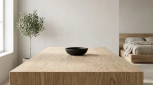Light oak dining table demonstrating Japandi interior design ideas for raw wood.