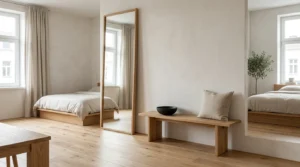 Small studio apartment layout using Japandi interior design ideas for tight spaces.