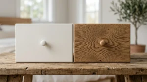 Raw oak versus painted furniture comparison for Japandi interior design ideas.