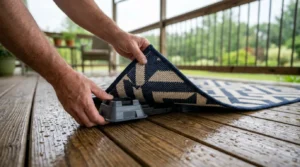 Lifting a rug on a deck riser to keep outdoor rug dry during rainy weather.