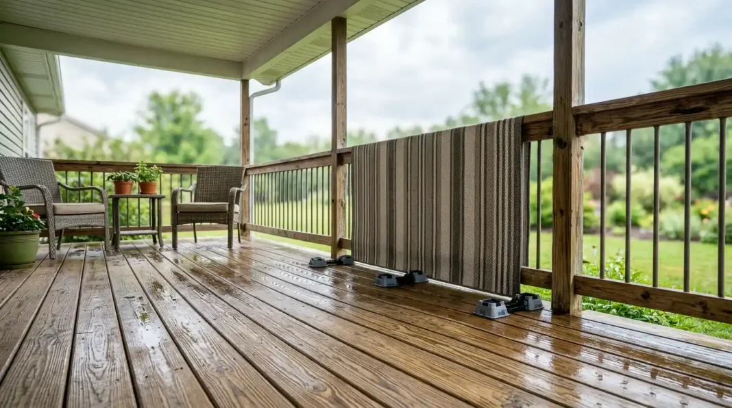 Outdoor rug standing upright on a wet deck to keep outdoor rug dry after rain.