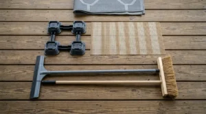 Supplies laid out to keep outdoor rug dry on a wood deck.