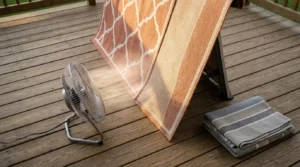 Outdoor rug propped upright with a fan to dry after a storm.