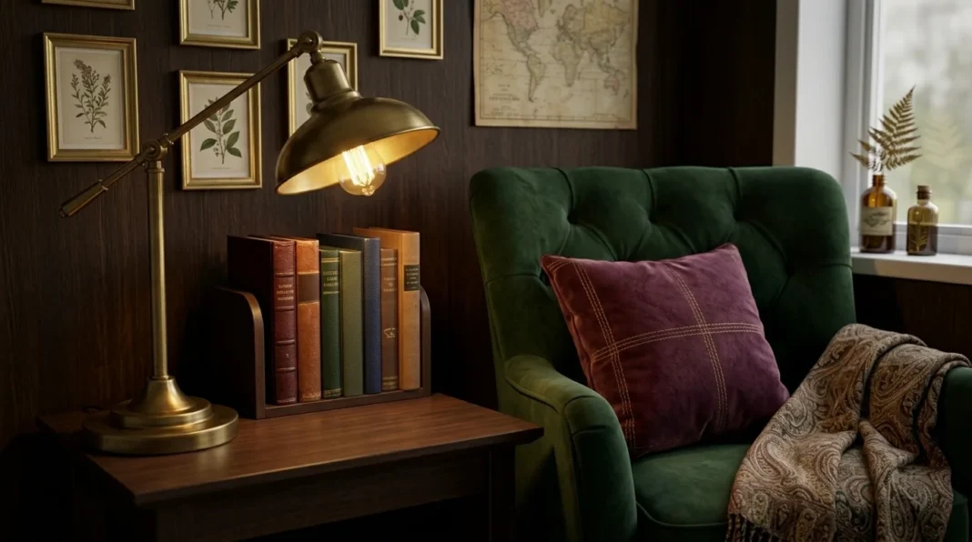 layer-dark-academia-decor-featured Reading corner showing how to layer dark academia decor with warm light and books.