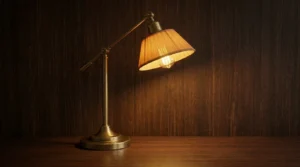 Warm brass lamp used to layer dark academia decor in a reading corner.