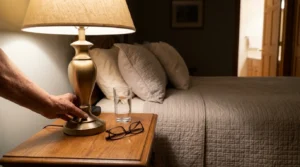 Bedside touch lamp that shows lighting for senior bedroom needs within easy reach.