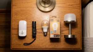 Low-cost night light and LED bulb options for lighting for senior bedroom safety.