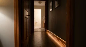 Motion light on a hallway baseboard as lighting for senior bedroom paths to the bathroom.