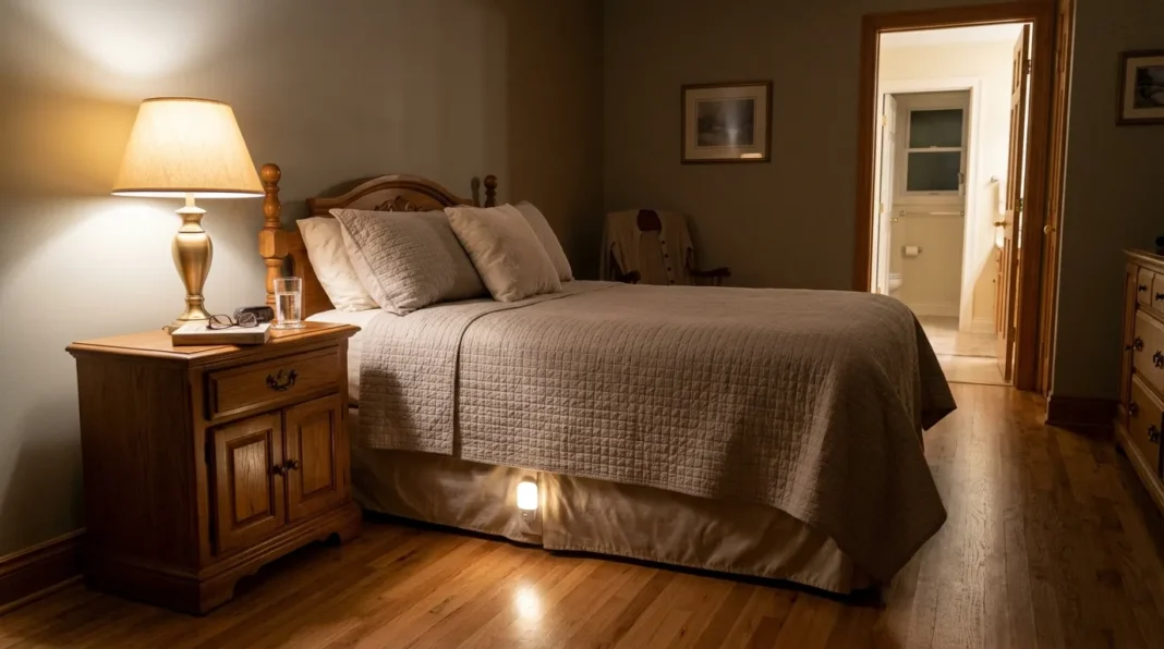 lighting-for-senior-bedroom-night-path Night light path showing lighting for senior bedroom use between the bed and the bathroom.