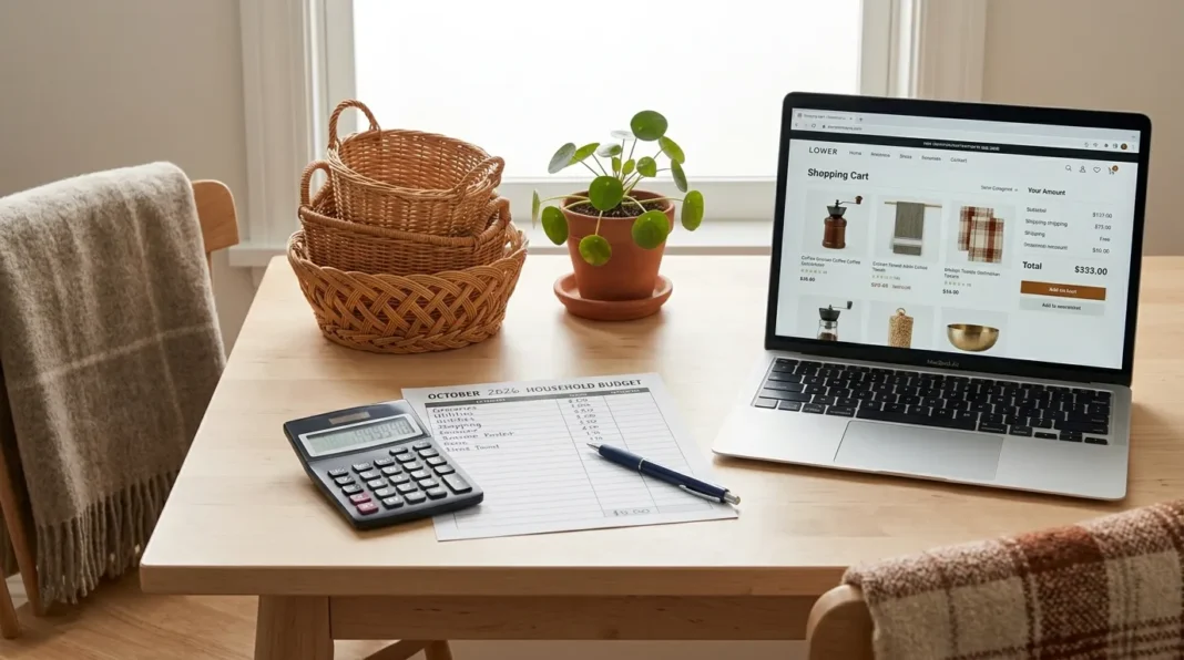 Budget worksheet and laptop used to manage household shopping budget.