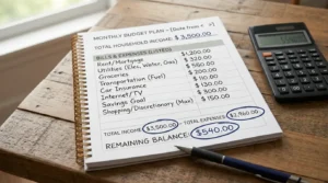 Income minus expenses worksheet to manage household shopping budget.