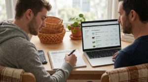 Two adults reviewing orders to manage household shopping budget.