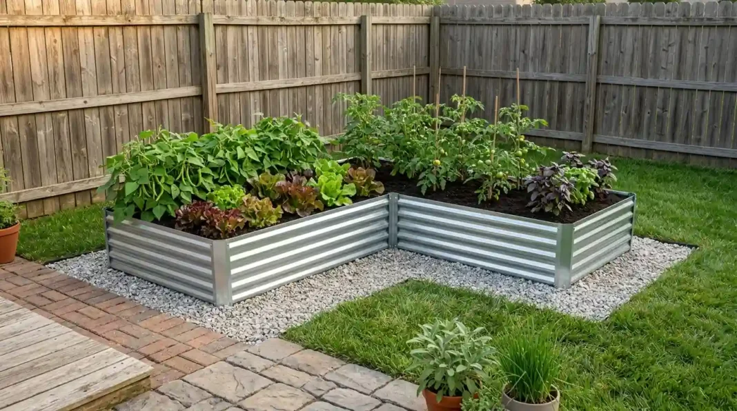 Metal modular raised bed kit assembled in a backyard garden.