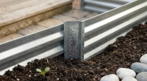Galvanized panel of a metal modular raised bed in garden soil.
