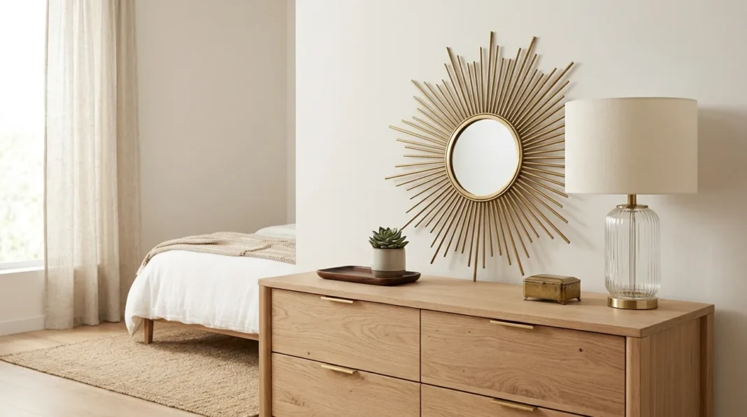 mix-art-deco-style-featured Oak dresser with a sunburst mirror showing how to mix art deco style in a bedroom.