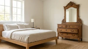 Bedroom pairing a modern bed frame with an antique dresser for a modern antique furniture mix.
