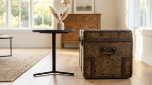 Modern side table next to an antique trunk demonstrating how to mix modern antique furniture.