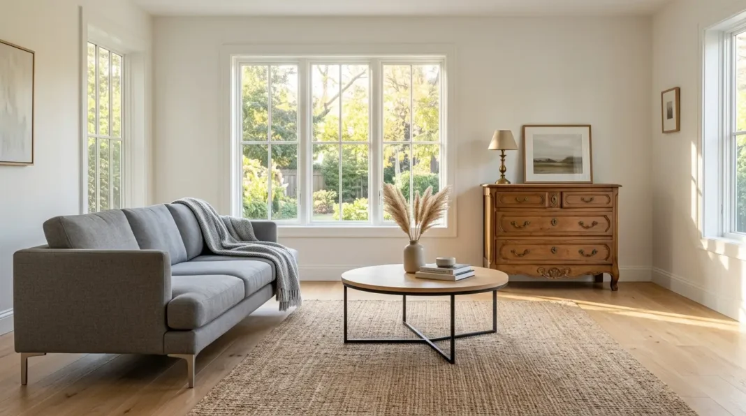 Living room showing how to mix modern antique furniture with one real wood dresser.