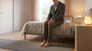 Older adult seated at bed height to modify bedroom for seniors with feet flat and an assist handle.