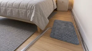 Non-skid mat and tidy cords that modify bedroom for seniors by removing common floor trip hazards.