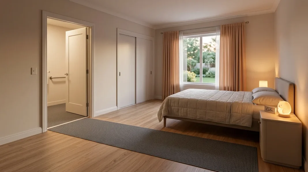 Safe bedroom setup showing how to modify bedroom for seniors with night lighting and a clear path.