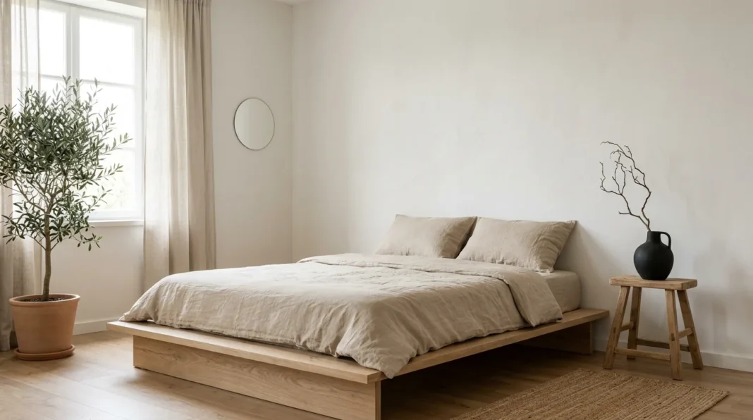 Bedroom showing which Japandi interior design ideas work with raw wood and bare wall space.