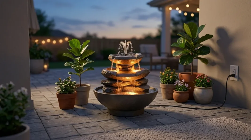 Plug and play outdoor water fountain glowing at dusk on a patio.