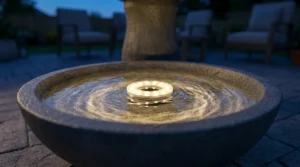 LED light ring in a plug and play outdoor water fountain.